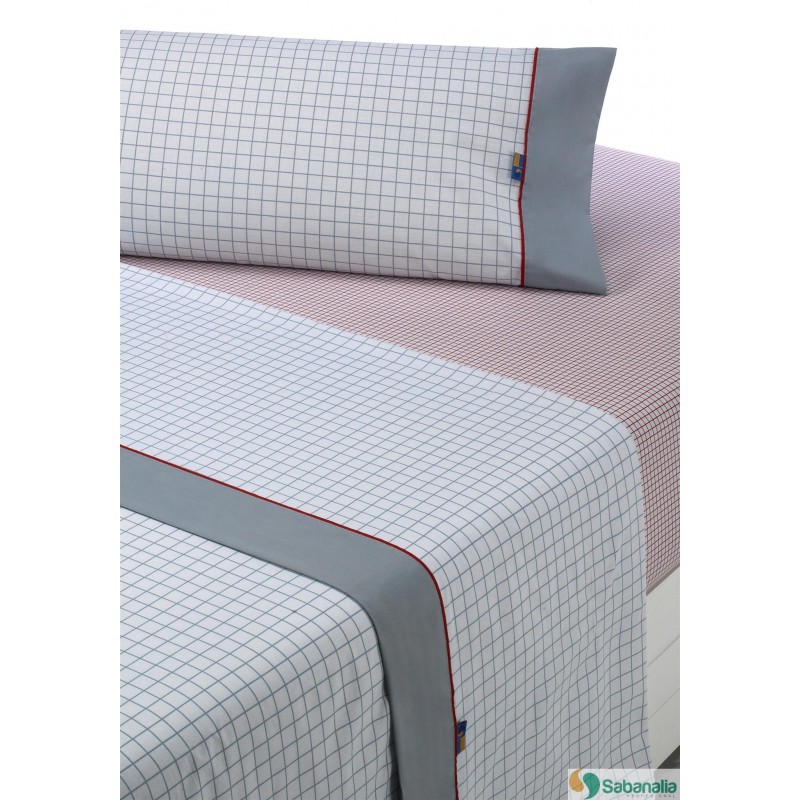 JUEGO DE SABANAS CHECKS DE 150 COLOR GRIS/ROJO